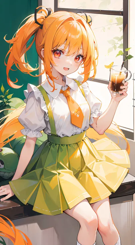 One girl、Orange-yellow hair、poneyTail、white  skirt、frilld、Ribbons、Dark green socks、tmasterpiece、top-quality、Top image quality、Cute Baby Turtle、Red eyes、（（（white backgrounid）））、Holding a clear coffee drink cup、happy laughing、green necktie、