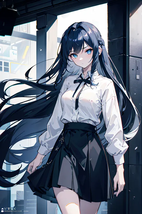 1girl, long hair, waist length hair, wearing plain gray cardigan sweater, long skirt, black skirt, knee length skirt, morning city, shops, daytime, summer, white buildings, absurdres, high res, ultrasharp, 8K, masterpiece, looking at viewer, official art, ...