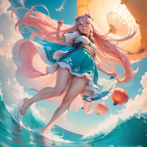 long shot of cute lady, looking at the camera viewed from below, with wavy long blonde hair, parachuting down holding a giant Chinese lantern floating down form a sunny summer day sky to watch the pink sunset, as she lightly touches down in the shallow cle...