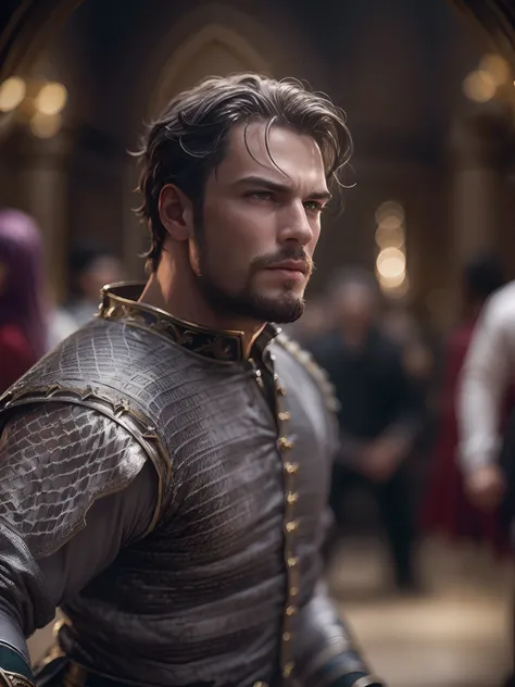 closeup of handsome knight in chainmail shirt, wrestling enemy, close in, dynamic pose, in opulent saxon hall, frightened lords and ladys in blurry background