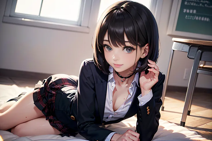 anime, estilo anime de mujer realista, (aegyo sal: 1), 18 years old girl, (blazer gris, cinta, minifalda plegada, calcetines, uniforme de escuela privada: 1.2), aula de secundaria, hermoso detalle en los ojos, (eye size: 3/4) luz en la cara, ((foto de cuer...