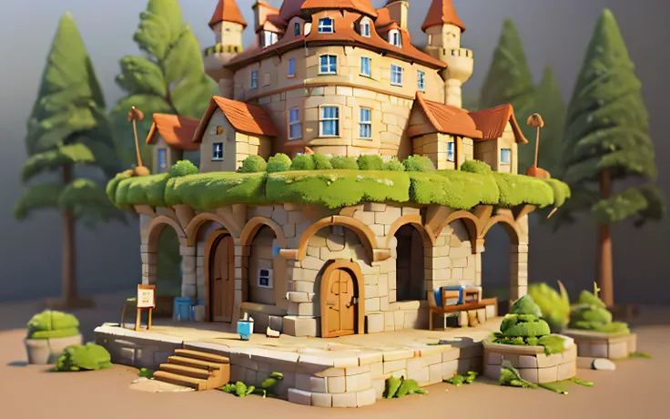 （sandbox game style），A castle，Oak winding，3 d render stylized，Stylized concept art，Isometric 3D fantasy island，stylized 3d render，Stylized game art，（white backgrounid）