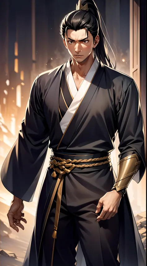 quadratic element，style of anime，mtu（Male Warrior），The proportions are correct，Face details，swordsmen，High ponytail hairstyle，Neck details，There is an Adams apple，Black Hanfu，kaftan，black toga，clothes details，Handing over，longer sleeves，Game quality，Swords...