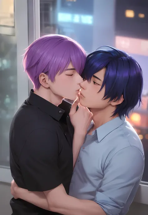 Anime couple kissing in front of window in city lights, Two anime handsome men, kissing together cutely, Yaoi, sakimichan and frank franzzeta, nick silva and ilya kuvshinov, official fan art, nixeu and sakimichan, frank franzzeta and sakimichan, Cute boys,...