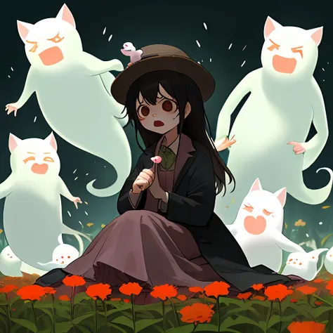 Animation of a 6-year-old girl sitting on a flower field while holding a candy in her hand and wearing a hat, and her little cat is sitting next to her, when suddenly 8 large ghost-like drop creatures appear in front of her with expressions of anger, fear,...