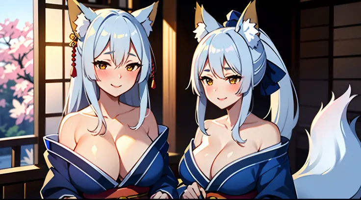 focused upper body, 1girl, masterpiece, best quality, medium full shot, cleavage, smiling, (blushing:1.2), japanese house background, dark silver hair, blue kimono, fluffy tail