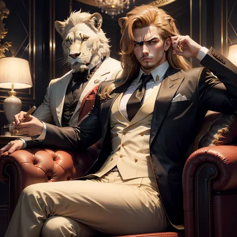 Teen age rich man, classical look, gangster style, money, cigar , sitting with style, handsome man, furious lion in background