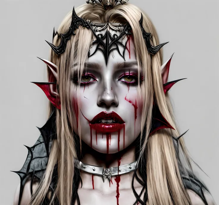 a woman with blood on her face and a knife in her mouth, vampire portrait, androgynous vampire, female vampire, vampire girl, lolth, of an elden ring elf, bloody + concept art, portrait of an elf queen, dark elf, dark elf princess, scary vampire, drow, sad...