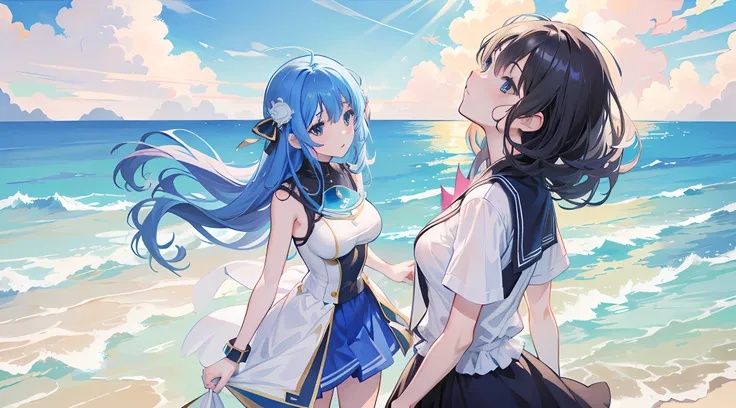 The sun shines through the sea，Anime girl standing on beach another girl looking at blue sky ，style of anime4 K, Anime art wallpaper 8 K, Anime art wallpaper 4 K, Anime art wallpaper 4K, 4K anime wallpaper, Anime wallpaper 4K, Anime wallpaper 4 k, Beautifu...