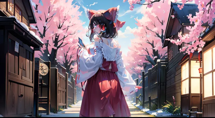 masutepiece, Fine detail, 4K, 8K, 12K, Solo, One Person, Beautiful Girl, caucasian female,, reimu hakurei、shrines、cherry trees、natta