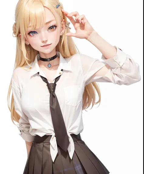 1girl in, Kitagawa Kaimu, The long-haired, blonde  hair, Akame, piercings, 耳环, ear piercings, Stud earrings, Black choker, loose necktie, student clothes, White collared shirt, (blueskirt:1.1), pleatedskirt, plaid skirts, bead bracelet, wrist scrunchie, lo...