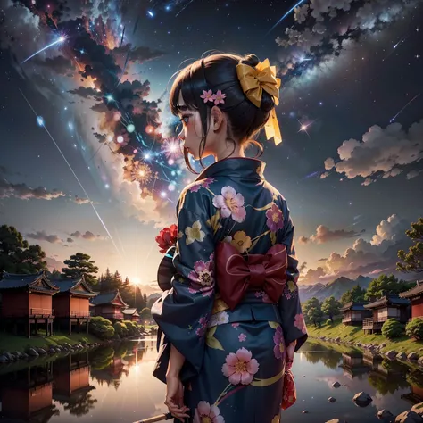 One, distant girl in kimono staring at the stars (reduced: 1.1), (meteor shower: 1.2), (comet: 1.1), your name, low angle, from behind, arrow labrealis shooting star, yukata, red kimono, cherry blossoms, highest quality standing in the field, masterpiece, ...