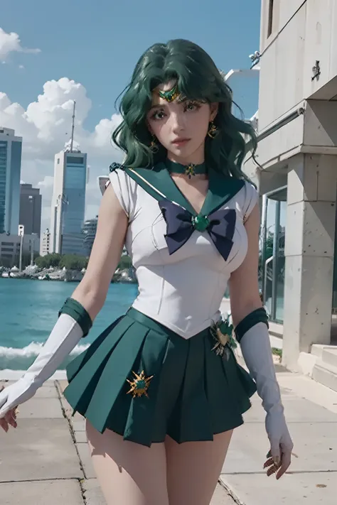 close-up, 1girl, sailor neptune, (sailor senshi uniform:1.2), (aqua eyes:0.9), dark green hair, medium hair, plead skirt, best q...