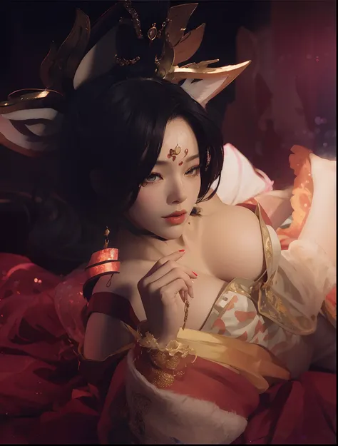 there is a woman in a costume laying on a bed, ahri from league of legends, ahri, yoko matsugane as mai shiranui, portrait of ahri, inspired by Li Mei-shu, ne zha from smite, a beautiful kitsune woman, inspired by Ju Lian, inspired by Lan Ying, fiora from ...