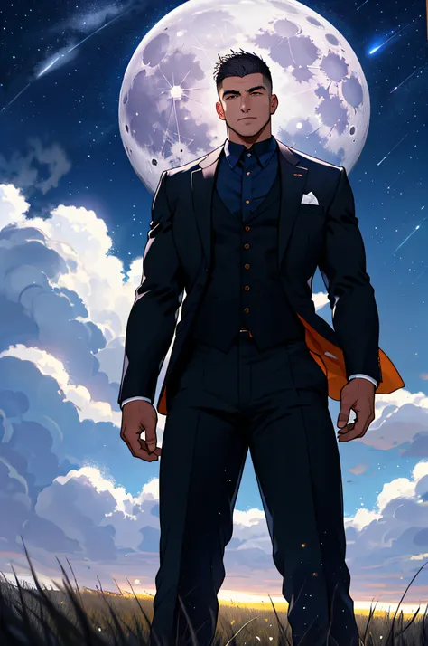 Draw a full-fledged footballer，Standing on the steppe at night，He wears a fancy suit，The man looks confident and determined，looking-down，Crew cut，full bodyesbian，Stars dot the sky，shooting from below，Big moon highlights background