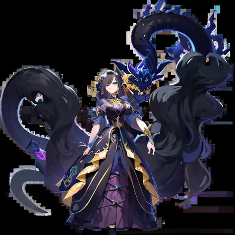 A woman in a skirt，Carrying a dragon on your back, full portrait of elementalist, Keqing from Genshin Impact, Ayaka Genshin impact, dark queen of snakes, Lamia, full-body xianxia, Genshin impacts character, zhongli from genshin impact, shalltear bloodfalle...