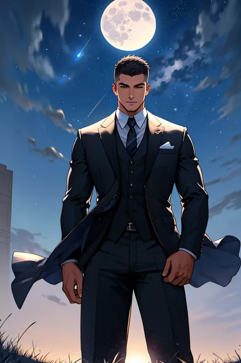 Draw a full-fledged footballer，Standing on the steppe at night，He wears a fancy suit，The man looks confident and determined，looking-down，Crew cut，full bodyesbian，Stars dot the sky，shooting from below，Big moon highlights background