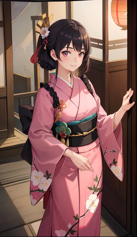 1girl in、A smile、A delightful!　Taisho period in Japan、Pink kimono、Hakama、（small tits）