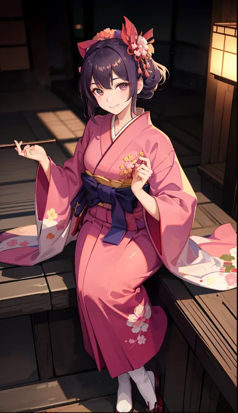 1girl in、A smile、A delightful!　Taisho period in Japan、Pink kimono、Hakama、（small tits）