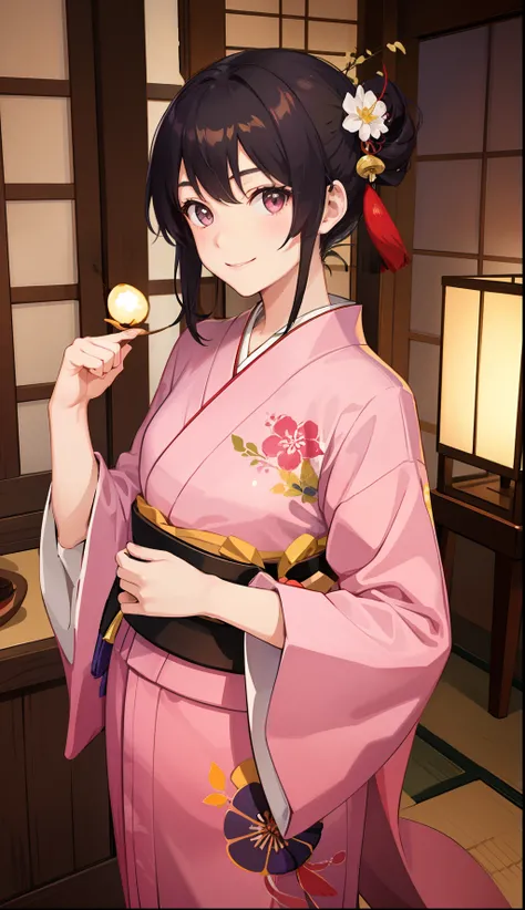 1girl in、A smile、A delightful!　Taisho period in Japan、Pink kimono、Hakama、（small tits）