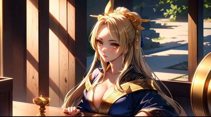 (best quality:1.1), (masterpiece:1.2), focused upper body, high quality shadow, beautiful detailed, beautiful face, detailed eyes, depth of field, highres, best shadow, best illumination, 1girl, looking at viewer, golden long hair, golden eyes, focused bus...