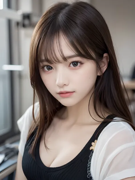 tmasterpiece，top-quality，offcial art，Highly detailed CG Unity 8K wallpapers，High school female student，very delicate beautiful，超A high resolution，（realisticlying：1.4），Golden hour lighting，（full bodyesbian），in class room，（Platinum shorthair：0.8），（pretty eye...