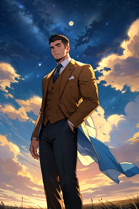 Draw a full-fledged footballer，Standing on the steppe at night，He wears a fancy suit，The man looks confident and determined，looking-down，Crew cut，full bodyesbian，Stars dot the sky，shooting from below，Big moon highlights background