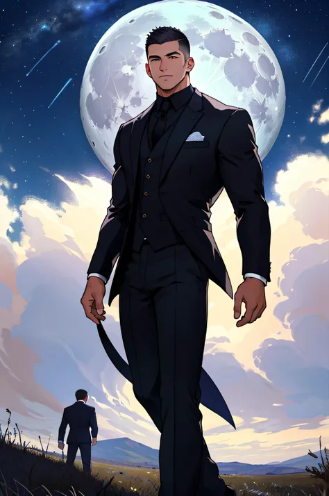 Draw a full-fledged footballer，Standing on the steppe at night，He wears a fancy suit，The man looks confident and determined，looking-down，Crew cut，full bodyesbian，Stars dot the sky，shooting from below，Big moon highlights background