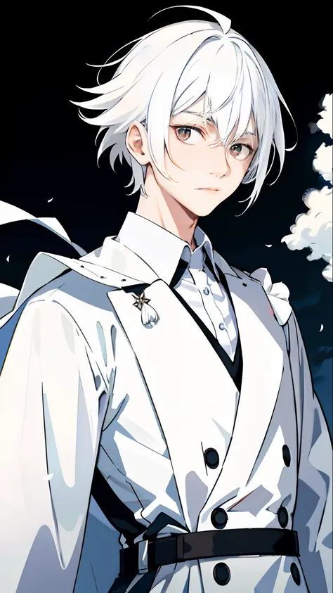 the boy with white hair，hair fluttering in the wind，beautiful shot，serius face，rim-light，long white robe，black colored eyes，look...