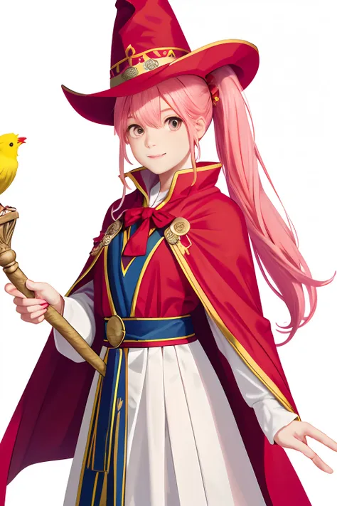 Girl with pink hair combed into double ponytail，Wearing a big wizard hat，Wearing a red cape，The staff is a yellow bird standing，White background avatar 4k HD painting