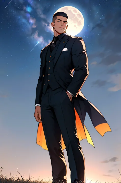 Draw a full-fledged footballer，Standing on the steppe at night，He wears a fancy suit，The man looks confident and determined，looking-down，Crew cut，full bodyesbian，Stars dot the sky，shooting from below，Big moon highlights background