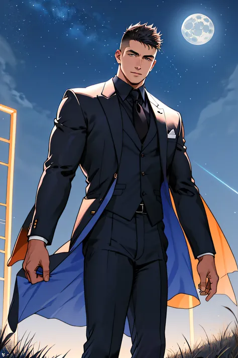 Draw a full-fledged footballer，Standing on the steppe at night，He wears an expensive suit，The man looks confident and determined，looking-down，Crew cut，full bodyesbian，Stars dot the sky，shooting from below，Big moon highlights background