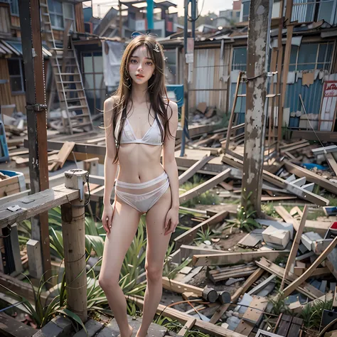 Abandoned construction sites，Dilapidated，Devastated，Sexy standing in front of the camera，Full body portrait 1.1，18 years old girls，Random white transparent small bikini 0.2，lean and slender body，As thin as a whipping post，Skinny，Fair and clean skin，The bar...