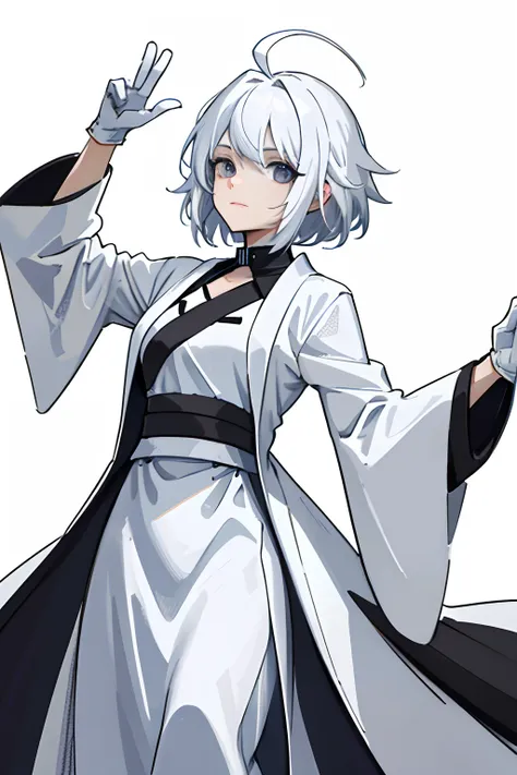 ((masterpiece, best quality)), (1girll), (solo), (female focus), (ahoge, white hair, short hair), black eyes, ((long white robe)...