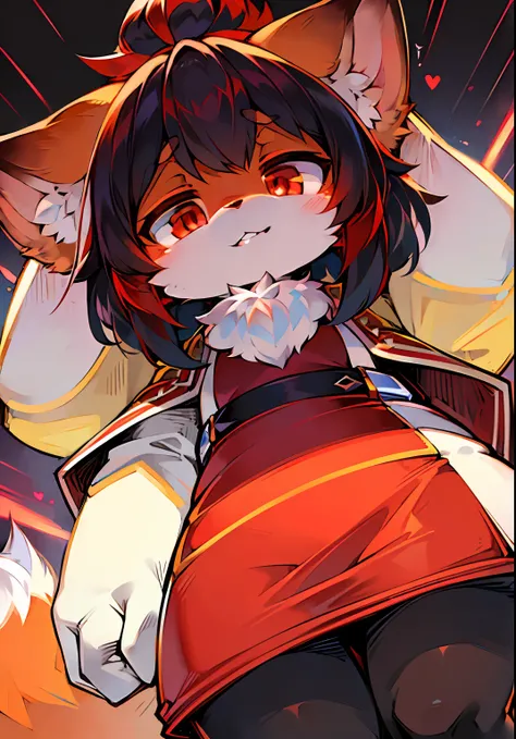 eyes with brightness, in a panoramic view, up-close，Character focus.独奏, shaggy, Furry female, female focus, (Full Body Furry, One tail, The whole body has red and white fur, red color eyes, Black color hair）(red fox、wearing an outfit），（4K分辨率）（Little cute）（...