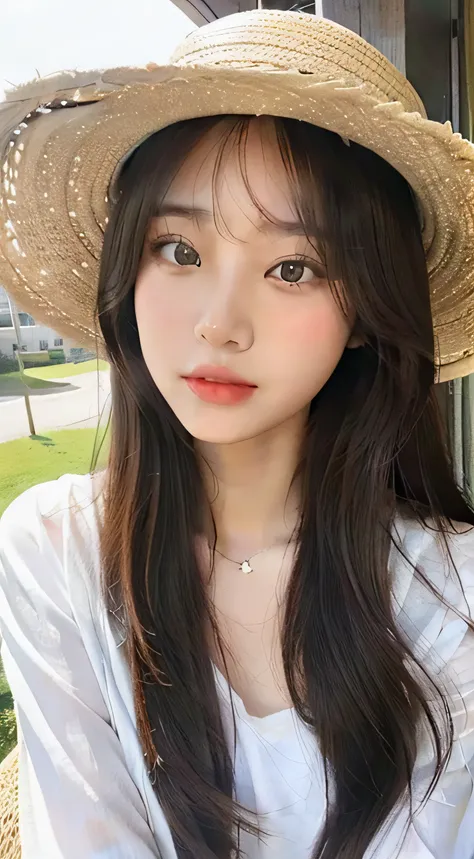 Long haired woman in straw hat and white shirt, Realism, Gorgeous young Korean woman, Asian girl with long hair, Beautiful young Korean woman, ulzzangs, beautiful Korean women, young cute wan asian face, Korean girl, young lovely Korean faces, Beautiful As...