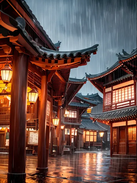 arafed view of a village with a lot of lights on the buildings, dreamy chinese town, chinese village, amazing wallpaper, japanese town, japanese village, hyper realistic photo of a town, old asian village, japanese city, by Raymond Han, rainy evening, cybe...