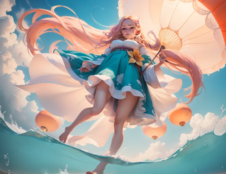 long shot of cute lady, looking at the camera viewed from below, with wavy long blonde hair, parachuting down holding a giant Chinese lantern floating down form a sunny summer day sky to watch the pink sunset, as she lightly touches down in the shallow cle...