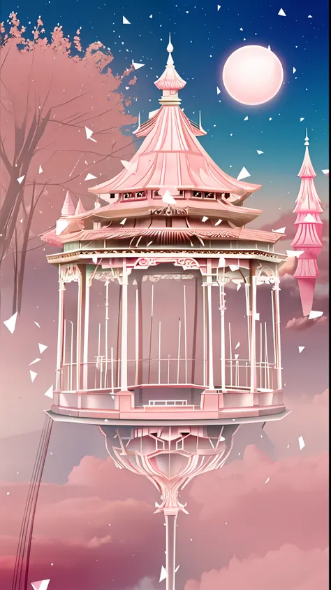 In the middle of the park full of pink clouds there is a pink pavilion, lie on white clouds fairyland, heaven pink, in the white clouds fairyland, pink zen style, Cloud Palace, palace floating in heaven, dreamy atmosphere and drama, in white clouds fairyla...