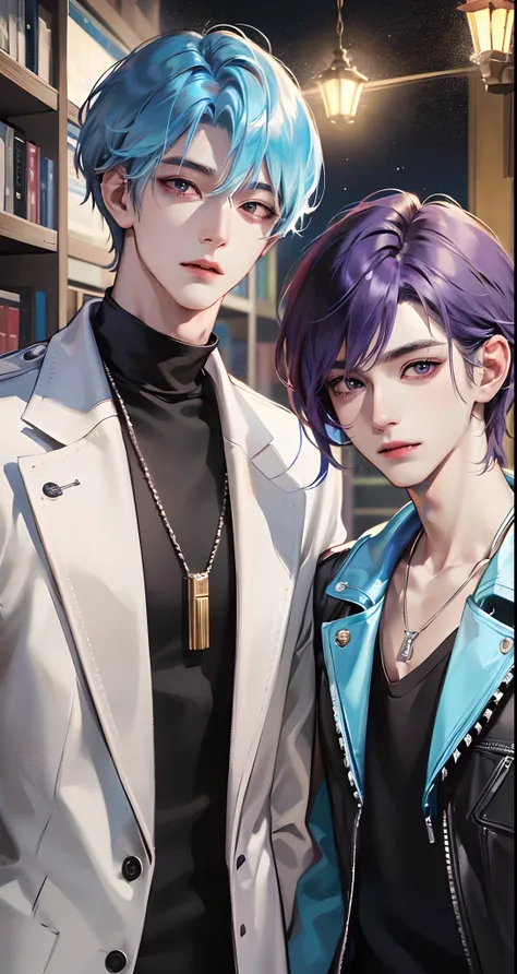 ​masterpiece, top-quality, 2Others, Male couple, 1 man and 1,, Adults, Height difference, different fashion, different color, finely eye and detailed face, intricate detailes, Casual clothing, Oversized shirt, Modern urban streets, A smile, Happiness, tend...