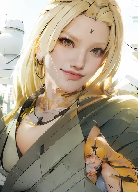 1girl, tsunade, long hair, sexy dress, yellow hair, yellow eyes, smile, beautiful, grey clothes, very big breast, sexy clothes, outdoor background, ultra detail, realistic