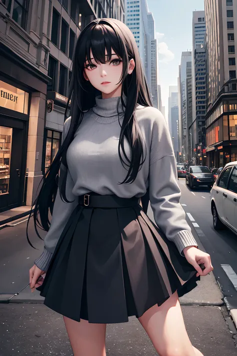 1girll, Long hair, Waist length hair, Wear a solid gray cardigan sweater, Long skirt, Black skirt, Knee-length skirt, Morning City, Shops, Daytime, Summer, white architecture, absurderes, A high resolution, ultrasharp, 8K, Masterpiece, view the viewer, off...