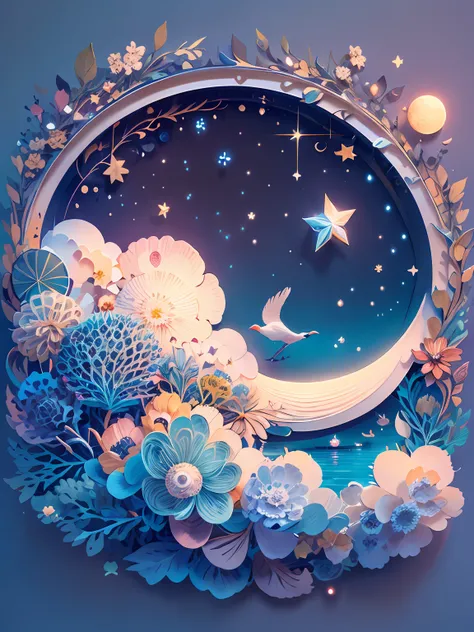 (((masterpiece))),best quality, illustration,  sky, cloud, star (symbol), night, bird, moon, star (sky), night sky, starry sky, vibrant color scheme, Soft light,(warm color:1.2),Water color painting, light background, best quality exquisite details,3d rend...