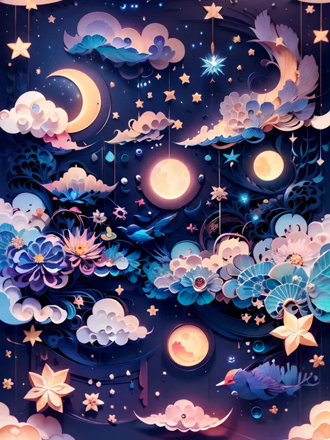 (((masterpiece))),best quality, illustration,  sky, cloud, star (symbol), night, bird, moon, star (sky), night sky, starry sky, vibrant color scheme, Soft light,(warm color:1.2),Water color painting, light background, best quality exquisite details,3d rend...