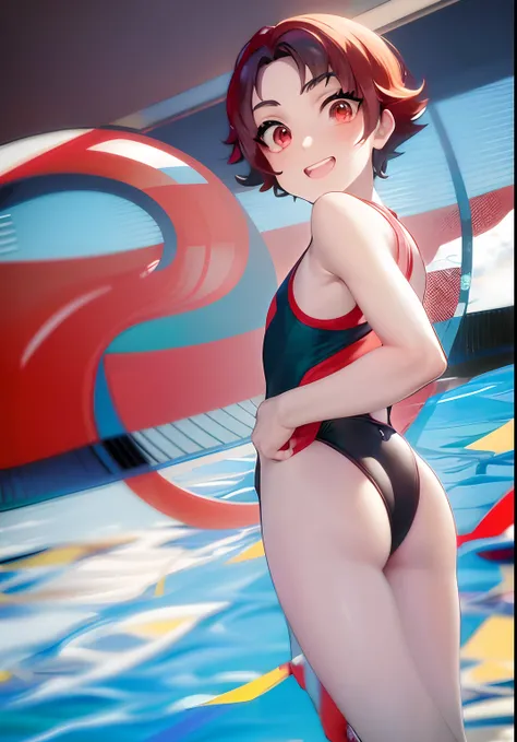 Anime boy in swimsuit standing in pool, wearing a swimming wear, Swimsuit, Makoto, Boy with short red hair, !!Full body portrait!!, Anime boy in black and red tanksuit, marin kitagawa fanart, garments:High-cut swimwear, Female protagonist , at pixiv, Rin, ...