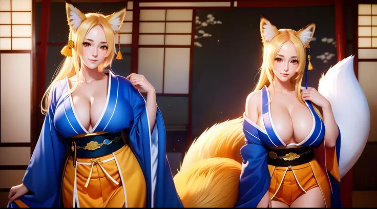 focused upper body, 1 girl, yasaka, blue kimono, big breast bust, sparkling orange eyes, (((japanese room background))), Colorful beautiful girl: long golden hair, fluffy tail, fox ear, nice perfect face with soft skinice perfect face, intricate detail, sp...