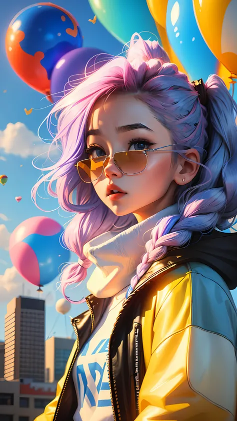 Loli girl, beautiful and cute, wearing blue sunglasses, yellow jacket, white sweatshirt, lots of colorful balloons, baby face, chibi style, red and blue two-color hair, ponytail braided hair, perfect detail eyes, delicate face, perfect CG, HD picture quali...