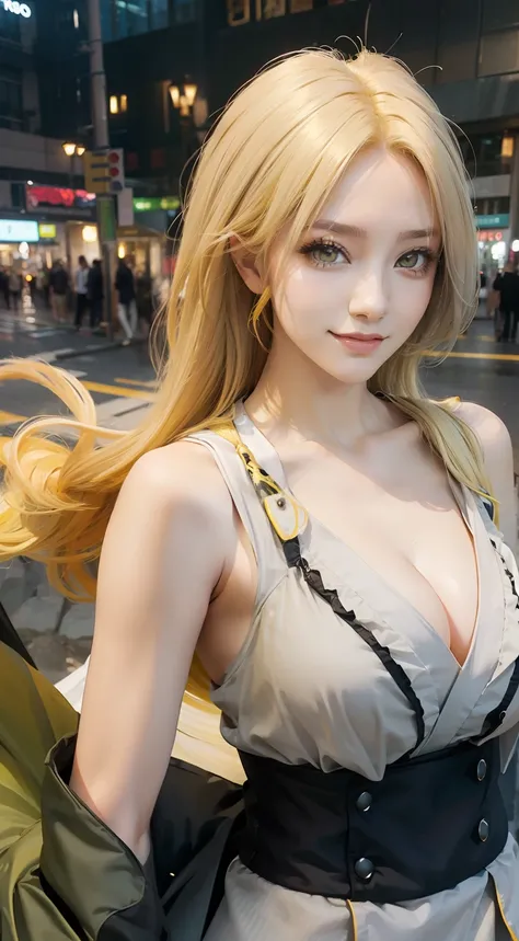 1girl, tsunade, long hair, sexy dress, yellow hair, yellow eyes, smile, beautiful, grey clothes, very big breast, sexy clothes, outdoor background, ultra detail, realistic