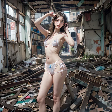 abandoned building，Dilapidated，Devastated，Garbage all over the ground，Sexy standing pose，(Full body portrait 1:1），Random white transparent bikini 0.5，18 years old girls，Slender and slender figure，Skinny，Fair and clean skin，As thin as a whipping post，Smalle...