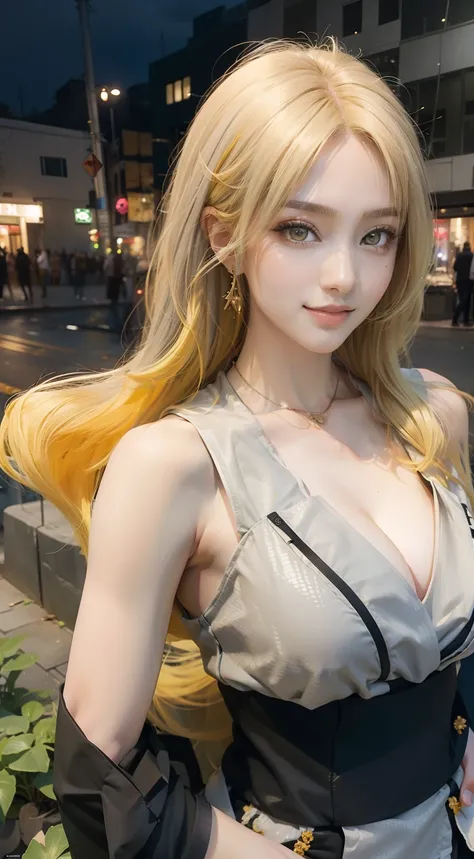 1girl, tsunade, long hair, sexy dress, yellow hair, yellow eyes, smile, beautiful, grey clothes, very big breast, sexy clothes, outdoor background, ultra detail, realistic